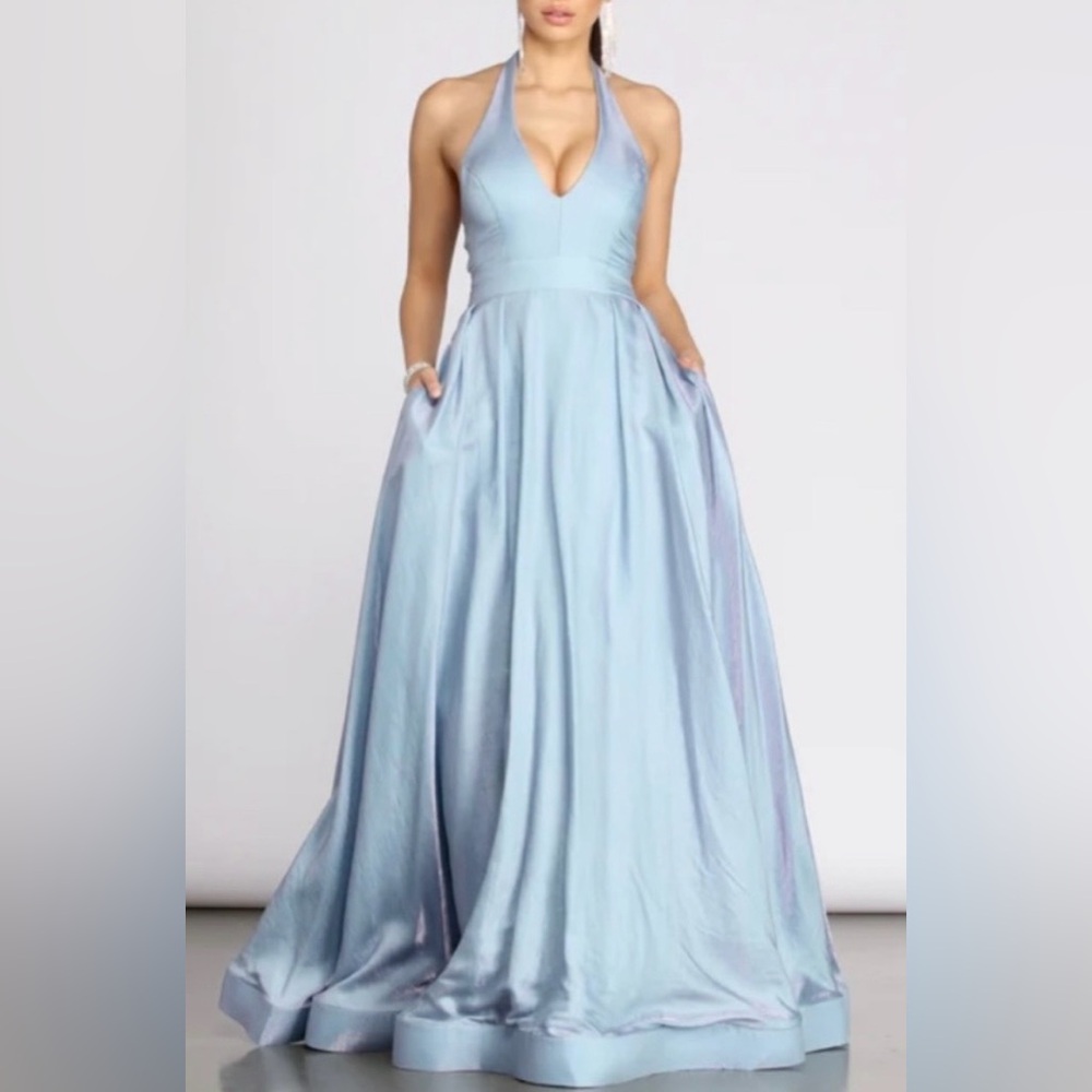Windsor Light Blue Halter Shimmer Maxi Dress